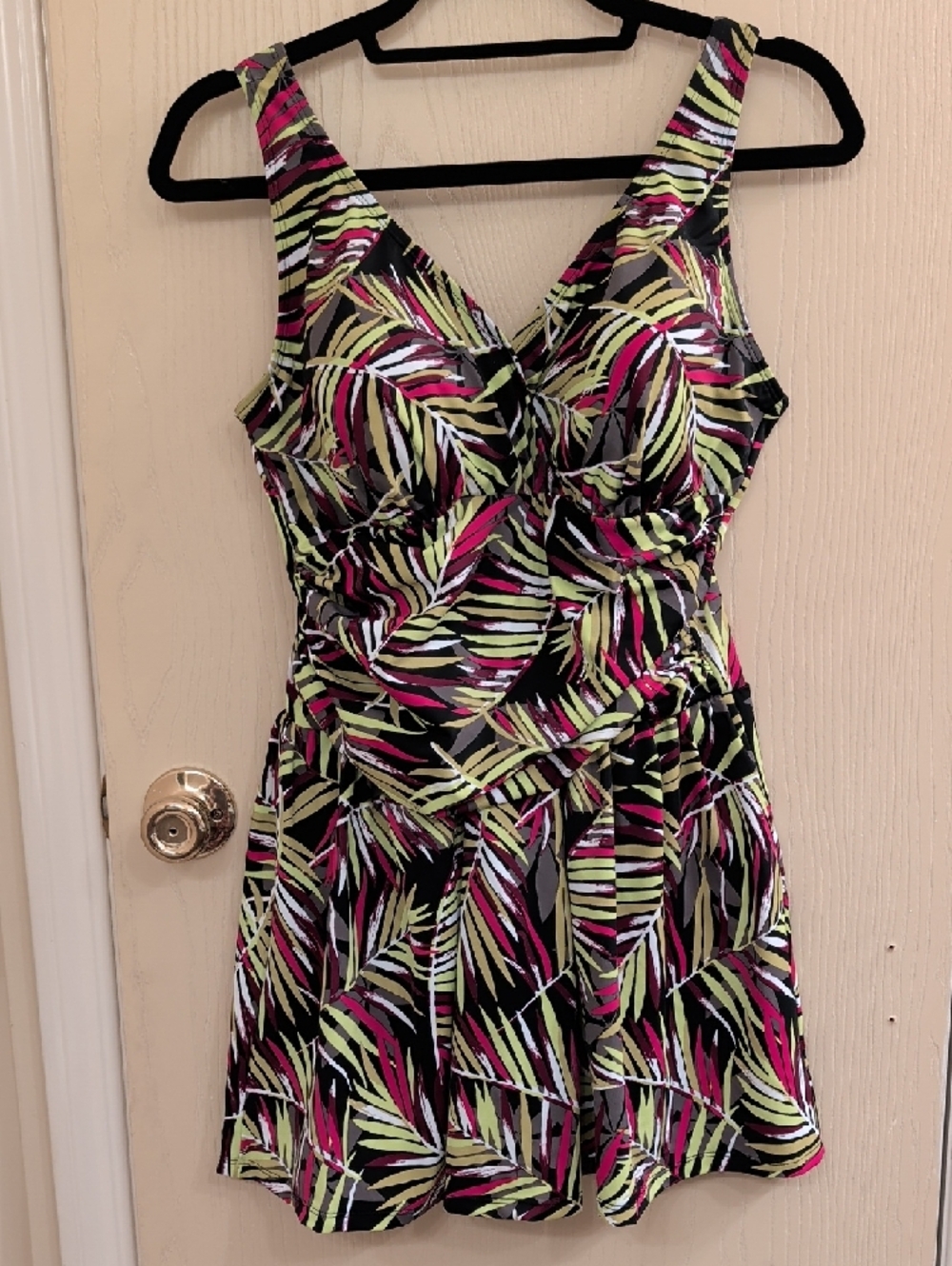 Denim & Co. Beach Ruched Flounce Tropical Yellow/Magenta Swim Dress (Size 14) - Picture 3 of 11